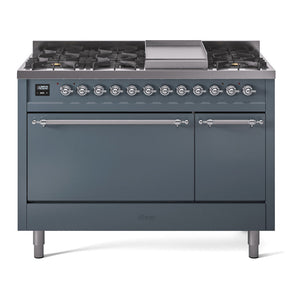 ILVE Nostalgie II 48-Inch Dual Fuel Range with 8 Sealed Burners + Griddle, 5.02 cu. ft. Oven, Blue Grey with Chrome Trim, Natural Gas, Solid Door, UP48FQNMPBGC