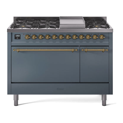 ILVE Nostalgie II 48-Inch Dual Fuel Range with 8 Sealed Burners + Griddle, 5.02 cu. ft. Oven, Blue Grey with Brass Trim, Natural Gas, Solid Door, UP48FQNMPBGG