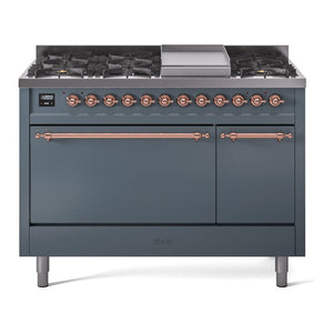 ILVE Nostalgie II 48-Inch Dual Fuel Range with 8 Sealed Burners + Griddle, 5.02 cu. ft. Oven, Blue Grey with Copper Trim, Natural Gas, Solid Door, UP48FQNMPBGP