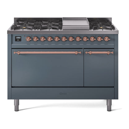 ILVE Nostalgie II 48-Inch Dual Fuel Range with 8 Sealed Burners + Griddle, 5.02 cu. ft. Oven, Blue Grey with Copper Trim, Natural Gas, Solid Door, UP48FQNMPBGP