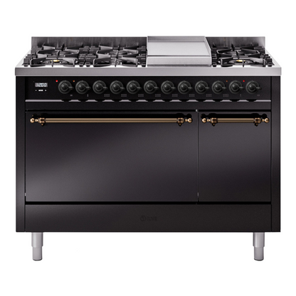 ILVE Nostalgie II 48-Inch Dual Fuel Range with 8 Sealed Burners + Griddle, 5.02 cu. ft. Oven, Glossy Black with Burnished Trim, Liquid Propane, Solid Door, UP48FQNMPBKBLP