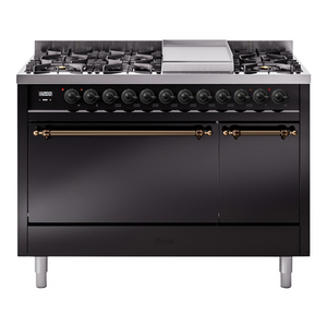 ILVE Nostalgie II 48-Inch Dual Fuel Range with 8 Sealed Burners + Griddle, 5.02 cu. ft. Oven, Glossy Black with Burnished Trim, Natural Gas, Solid Door, UP48FQNMPBKB