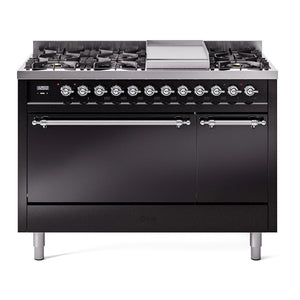 ILVE Nostalgie II 48-Inch Dual Fuel Range with 8 Sealed Burners + Griddle, 5.02 cu. ft. Oven, Glossy Black with Chrome Trim, Natural Gas, Solid Door, UP48FQNMPBKC