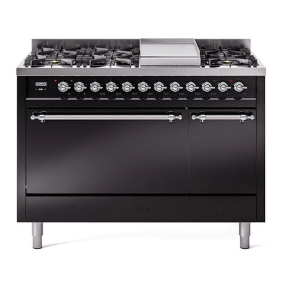 ILVE Nostalgie II 48-Inch Dual Fuel Range with 8 Sealed Burners + Griddle, 5.02 cu. ft. Oven, Glossy Black with Chrome Trim, Natural Gas, Solid Door, UP48FQNMPBKC