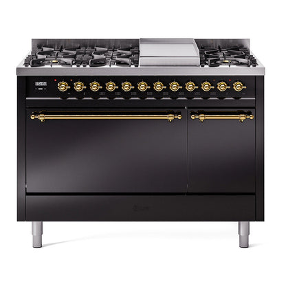 ILVE Nostalgie II 48-Inch Dual Fuel Range with 8 Sealed Burners + Griddle, 5.02 cu. ft. Oven, Glossy Black with Brass Trim, Liquid Propane, Solid Door, UP48FQNMPBKGLP