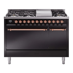 ILVE Nostalgie II 48-Inch Dual Fuel Range with 8 Sealed Burners + Griddle, 5.02 cu. ft. Oven, Glossy Black with Copper Trim, Liquid Propane, Solid Door, UP48FQNMPBKPLP