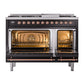 ILVE Nostalgie II 48-Inch Dual Fuel Range with 8 Sealed Burners + Griddle, 5.02 cu. ft. Oven, Glossy Black with Copper Trim, Liquid Propane, Solid Door, UP48FQNMPBKPLP