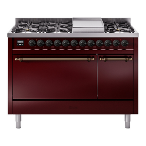 ILVE Nostalgie II 48-Inch Dual Fuel Range with 8 Sealed Burners + Griddle, 5.02 cu. ft. Oven, Burgundy with Burnished Trim, Liquid Propane, Solid Door, UP48FQNMPBUBLP