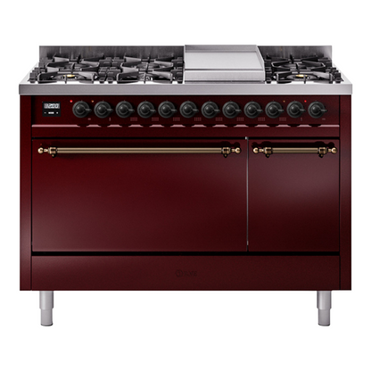 ILVE Nostalgie II 48-Inch Dual Fuel Range with 8 Sealed Burners + Griddle, 5.02 cu. ft. Oven, Burgundy with Burnished Trim, Liquid Propane, Solid Door, UP48FQNMPBUBLP
