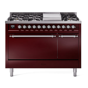 ILVE Nostalgie II 48-Inch Dual Fuel Range with 8 Sealed Burners + Griddle, 5.02 cu. ft. Oven, Burgundy with Chrome Trim, Natural Gas, Solid Door, UP48FQNMPBUC