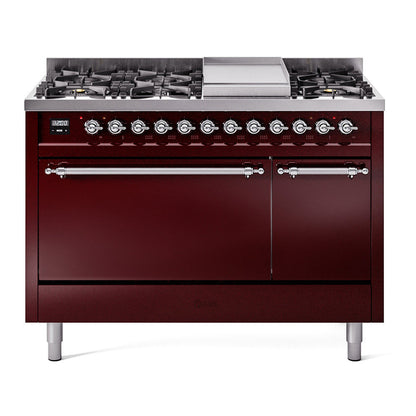 ILVE Nostalgie II 48-Inch Dual Fuel Range with 8 Sealed Burners + Griddle, 5.02 cu. ft. Oven, Burgundy with Chrome Trim, Natural Gas, Solid Door, UP48FQNMPBUC