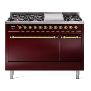 ILVE Nostalgie II 48-Inch Dual Fuel Range with 8 Sealed Burners + Griddle, 5.02 cu. ft. Oven, Burgundy with Brass Trim, Natural Gas, Solid Door, UP48FQNMPBUG