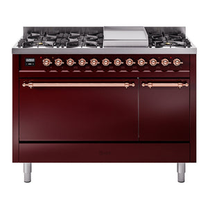 ILVE Nostalgie II 48-Inch Dual Fuel Range with 8 Sealed Burners + Griddle, 5.02 cu. ft. Oven, Burgundy with Copper Trim, Liquid Propane, Solid Door, UP48FQNMPBUPLP