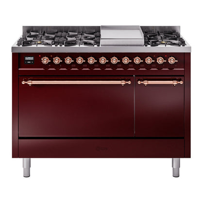ILVE Nostalgie II 48-Inch Dual Fuel Range with 8 Sealed Burners + Griddle, 5.02 cu. ft. Oven, Burgundy with Copper Trim, Liquid Propane, Solid Door, UP48FQNMPBUPLP