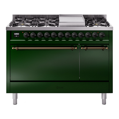 ILVE Nostalgie II 48-Inch Dual Fuel Range with 8 Sealed Burners + Griddle, 5.02 cu. ft. Oven, Emerald Green with Burnished Trim, Liquid Propane, Solid Door, UP48FQNMPEGBLP