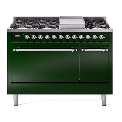 ILVE Nostalgie II 48-Inch Dual Fuel Range with 8 Sealed Burners + Griddle, 5.02 cu. ft. Oven, Emerald Green with Chrome Trim, Natural Gas, Solid Door, UP48FQNMPEGC