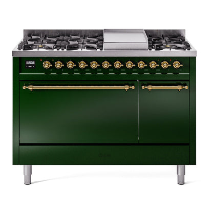 ILVE Nostalgie II 48-Inch Dual Fuel Range with 8 Sealed Burners + Griddle, 5.02 cu. ft. Oven, Emerald Green with Brass Trim, Natural Gas, Solid Door, UP48FQNMPEGG