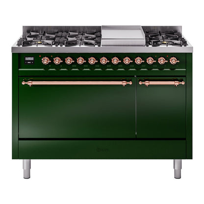 ILVE Nostalgie II 48-Inch Dual Fuel Range with 8 Sealed Burners + Griddle, 5.02 cu. ft. Oven, Emerald Green with Copper Trim, Liquid Propane, Solid Door, UP48FQNMPEGPLP