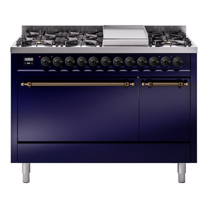 ILVE Nostalgie II 48-Inch Dual Fuel Range with 8 Sealed Burners + Griddle, 5.02 cu. ft. Oven, Midnight Blue with Burnished Trim, Natural Gas, Solid Door, UP48FQNMPMBB