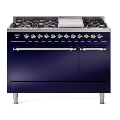 ILVE Nostalgie II 48-Inch Dual Fuel Range with 8 Sealed Burners + Griddle, 5.02 cu. ft. Oven, Midnight Blue with Chrome Trim, Natural Gas, Solid Door, UP48FQNMPMBC