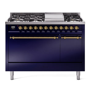 ILVE Nostalgie II 48-Inch Dual Fuel Range with 8 Sealed Burners + Griddle, 5.02 cu. ft. Oven, Midnight Blue with Brass Trim, Liquid Propane, Solid Door, UP48FQNMPMBGLP