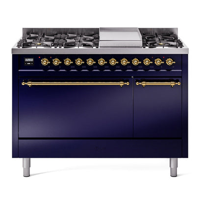 ILVE Nostalgie II 48-Inch Dual Fuel Range with 8 Sealed Burners + Griddle, 5.02 cu. ft. Oven, Midnight Blue with Brass Trim, Natural Gas, Solid Door, UP48FQNMPMBG