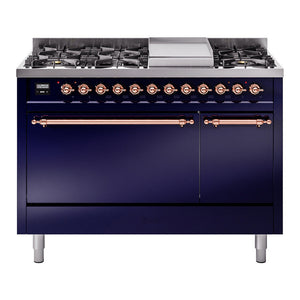 ILVE Nostalgie II 48-Inch Dual Fuel Range with 8 Sealed Burners + Griddle, 5.02 cu. ft. Oven, Midnight Blue with Copper Trim, Natural Gas, Solid Door, UP48FQNMPMBP