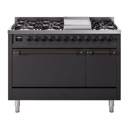 ILVE Nostalgie II 48-Inch Dual Fuel Range with 8 Sealed Burners + Griddle, 5.02 cu. ft. Oven, Graphite Matte with Burnished Trim, Liquid Propane, Solid Door, UP48FQNMPMGBLP