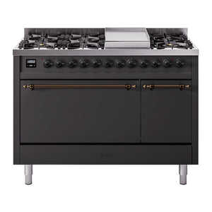 ILVE Nostalgie II 48-Inch Dual Fuel Range with 8 Sealed Burners + Griddle, 5.02 cu. ft. Oven, Graphite Matte with Burnished Trim, Natural Gas, Solid Door, UP48FQNMPMGB