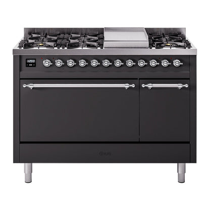 ILVE Nostalgie II 48-Inch Dual Fuel Range with 8 Sealed Burners + Griddle, 5.02 cu. ft. Oven, Graphite Matte with Chrome Trim, Liquid Propane, Solid Door, UP48FQNMPMGCLP