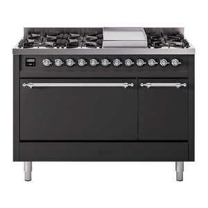 ILVE Nostalgie II 48-Inch Dual Fuel Range with 8 Sealed Burners + Griddle, 5.02 cu. ft. Oven, Graphite Matte with Chrome Trim, Natural Gas, Solid Door, UP48FQNMPMGC