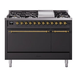 ILVE Nostalgie II 48-Inch Dual Fuel Range with 8 Sealed Burners + Griddle, 5.02 cu. ft. Oven, Graphite Matte with Brass Trim, Natural Gas, Solid Door, UP48FQNMPMGG