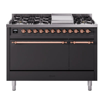 ILVE Nostalgie II 48-Inch Dual Fuel Range with 8 Sealed Burners + Griddle, 5.02 cu. ft. Oven, Graphite Matte with Copper Trim, Liquid Propane, Solid Door, UP48FQNMPMGPLP