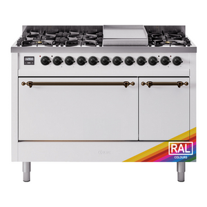ILVE Nostalgie II 48-Inch Dual Fuel Range with 8 Sealed Burners + Griddle, 5.02 cu. ft. Oven, RAL with Burnished Trim, Liquid Propane, Solid Door, UP48FQNMPRABLP