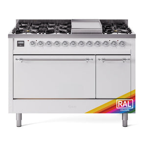 ILVE Nostalgie II 48-Inch Dual Fuel Range with 8 Sealed Burners + Griddle, 5.02 cu. ft. Oven, RAL with Chrome Trim, Liquid Propane, Solid Door, UP48FQNMPRACLP