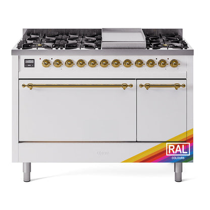 ILVE Nostalgie II 48-Inch Dual Fuel Range with 8 Sealed Burners + Griddle, 5.02 cu. ft. Oven, RAL with Brass Trim, Natural Gas, Solid Door, UP48FQNMPRAG