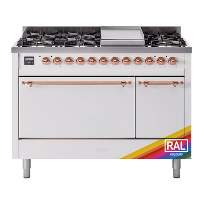 ILVE Nostalgie II 48-Inch Dual Fuel Range with 8 Sealed Burners + Griddle, 5.02 cu. ft. Oven, RAL with Copper Trim, Liquid Propane, Solid Door, UP48FQNMPRAPLP