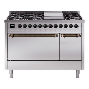 ILVE Nostalgie II 48-Inch Dual Fuel Range with 8 Sealed Burners + Griddle, 5.02 cu. ft. Oven, Stainless Steel with Burnished Trim, Liquid Propane, Solid Door, UP48FQNMPSSBLP