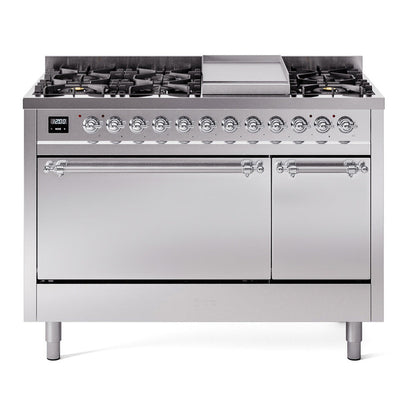 ILVE Nostalgie II 48-Inch Dual Fuel Range with 8 Sealed Burners + Griddle, 5.02 cu. ft. Oven, Stainless Steel with Chrome Trim, Liquid Propane, Solid Door, UP48FQNMPSSCLP