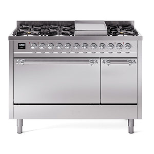 ILVE Nostalgie II 48-Inch Dual Fuel Range with 8 Sealed Burners + Griddle, 5.02 cu. ft. Oven, Stainless Steel with Chrome Trim, Natural Gas, Solid Door, UP48FQNMPSSC