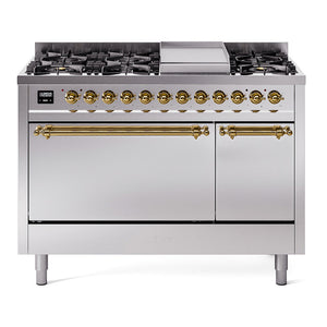 ILVE Nostalgie II 48-Inch Dual Fuel Range with 8 Sealed Burners + Griddle, 5.02 cu. ft. Oven, Stainless Steel with Brass Trim, Liquid Propane, Solid Door, UP48FQNMPSSGLP