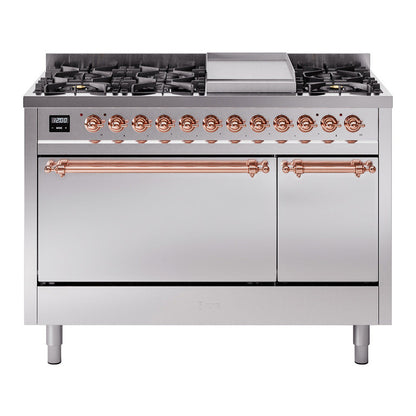 ILVE Nostalgie II 48-Inch Dual Fuel Range with 8 Sealed Burners + Griddle, 5.02 cu. ft. Oven, Stainless Steel with Copper Trim, Liquid Propane, Solid Door, UP48FQNMPSSPLP