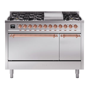 ILVE Nostalgie II 48-Inch Dual Fuel Range with 8 Sealed Burners + Griddle, 5.02 cu. ft. Oven, Stainless Steel with Copper Trim, Natural Gas, Solid Door, UP48FQNMPSSP