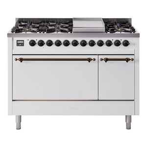 ILVE Nostalgie II 48-Inch Dual Fuel Range with 8 Sealed Burners + Griddle, 5.02 cu. ft. Oven, White with Burnished Trim, Natural Gas, Solid Door, UP48FQNMPWHB