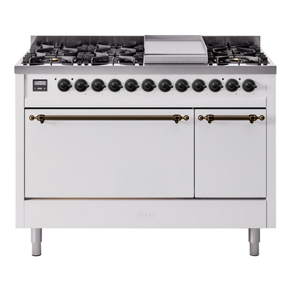 ILVE Nostalgie II 48-Inch Dual Fuel Range with 8 Sealed Burners + Griddle, 5.02 cu. ft. Oven, White with Burnished Trim, Natural Gas, Solid Door, UP48FQNMPWHB