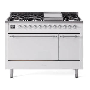 ILVE Nostalgie II 48-Inch Dual Fuel Range with 8 Sealed Burners + Griddle, 5.02 cu. ft. Oven, White with Chrome Trim, Liquid Propane, Solid Door, UP48FQNMPWHCLP