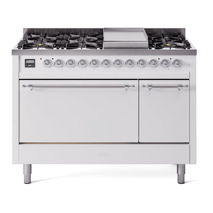 ILVE Nostalgie II 48-Inch Dual Fuel Range with 8 Sealed Burners + Griddle, 5.02 cu. ft. Oven, White with Chrome Trim, Liquid Propane, Solid Door, UP48FQNMPWHCLP
