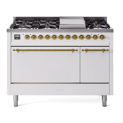 ILVE Nostalgie II 48-Inch Dual Fuel Range with 8 Sealed Burners + Griddle, 5.02 cu. ft. Oven, White with Brass Trim, Liquid Propane, Solid Door, UP48FQNMPWHGLP