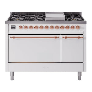 ILVE Nostalgie II 48-Inch Dual Fuel Range with 8 Sealed Burners + Griddle, 5.02 cu. ft. Oven, White with Copper Trim, Liquid Propane, Solid Door, UP48FQNMPWHPLP