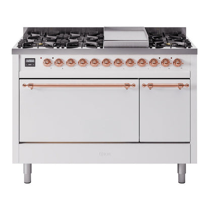 ILVE Nostalgie II 48-Inch Dual Fuel Range with 8 Sealed Burners + Griddle, 5.02 cu. ft. Oven, White with Copper Trim, Liquid Propane, Solid Door, UP48FQNMPWHPLP